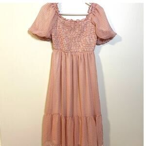 Lauren Conrad Orange White Gingham Smocked Tiered Dress XS Milkmaid Cottagecore